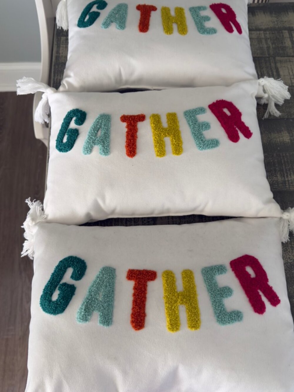 Gather Throw Pillow Set of 3 White Chenille Letters Tassel 14x8.5